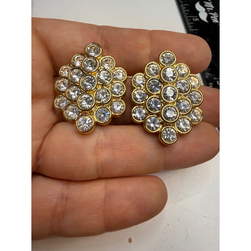 Nolan Miller Gold Tone Clear Crystal Cluster Clip On Earrings with Box